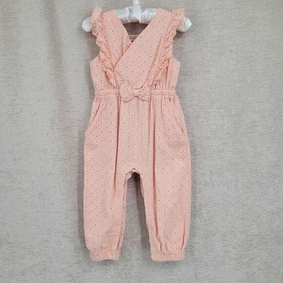 Habitual Girl Peach Cotton Eyelet Smocked Jumpsuit Sleeveless Ruffled Shoulder - Picture 1 of 10